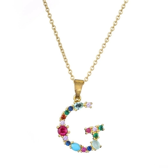 G Letter Pendant Necklace Multi-color Rhinestones Gold Tone Chain - Picture 9 of 12